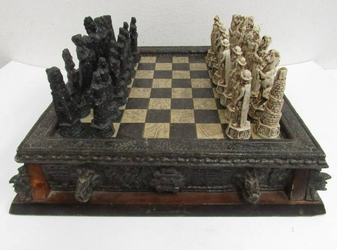 Minoan Period Brass-nickel Chess Set Wooden Case Blue Brass 