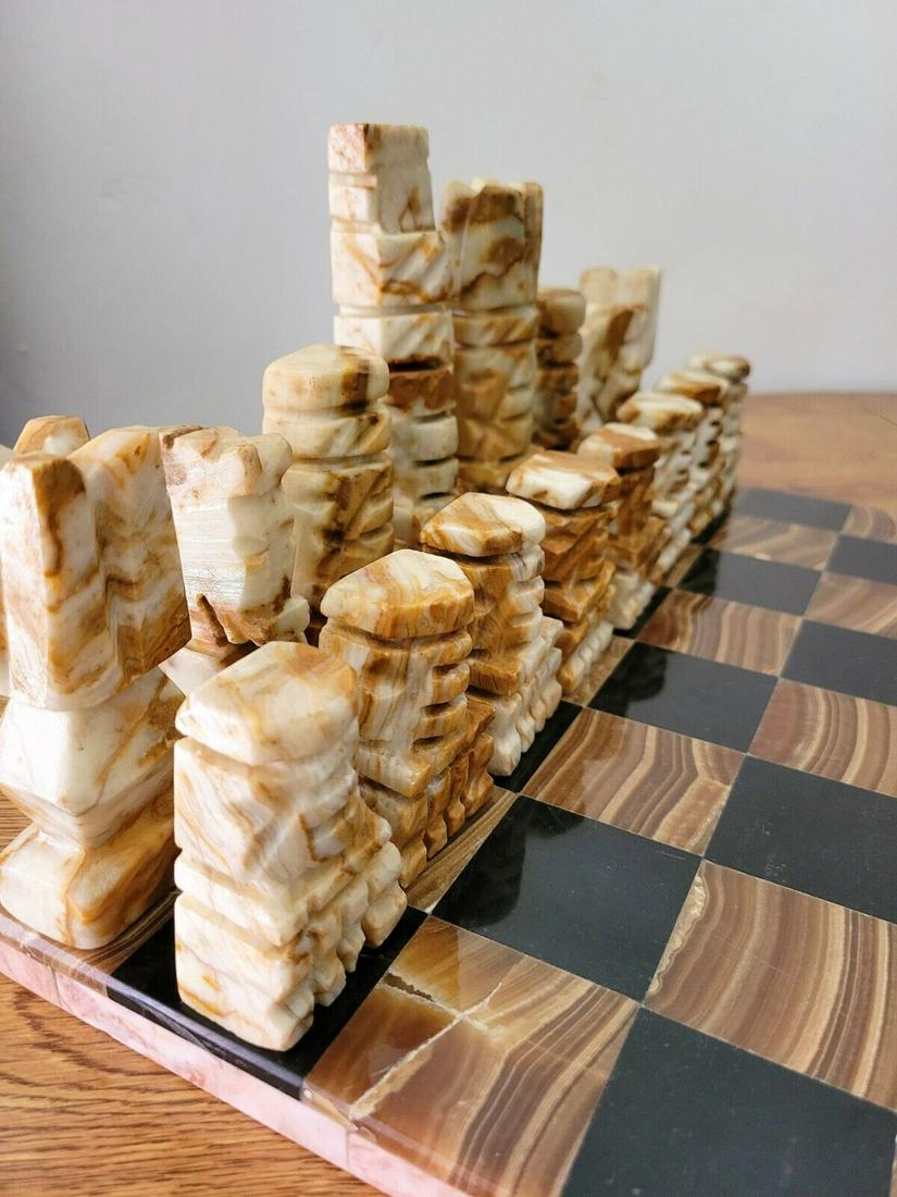 Collectible Handmade Marmoreal Chess Set Board Game: This vintage chess set features beautifully hand-carved stone marble figures in gray/black and beige/tan colors. The king stands at approximately 5.75"H (inches) and the pawn stands at approximately 2