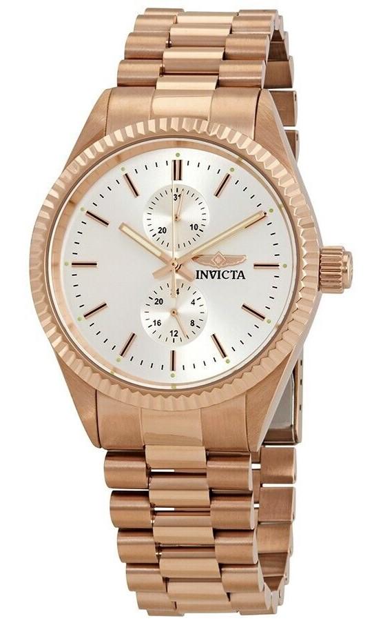 Men Quartz Timepiece Invicta Stainless Steel Band: This is a men's Specialty wristwatch by Invicta. The case measures 1.96" (inches) and the band width 0.87" (inches). This timepiece is made of stainless steel in a rose gold tone and has a clasp fold