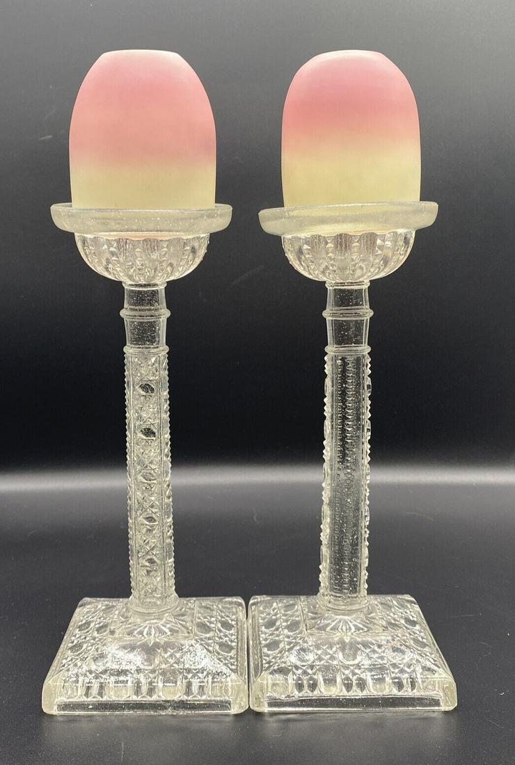 Antique Victorian Thomas Webb Burmese Glass Pink: These are antique fairy lamps in the shape of candlesticks by Thomas Webb. It measures about 11” (inches). This set is made of Burmese glass. Lot in good vintage condition, but one has some smal