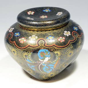 Japanese Meiji Period Cloisonne Covered Koro --10K gold: Circa 1868-1912. Beautifully formed tripod vessel stands upon three lobed feet, the main body decorated with 3 panels, including a dragon. Traditional gold wire technique, this Koro is an example that