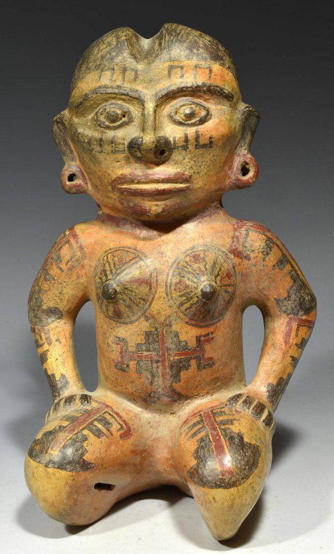 Pre Columbian Costa Rican Polychrome Pottery Elaborate Seated Female (1 of 3)