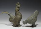 Pair of Japanese Meiji Style Bronze Rooster & Hen