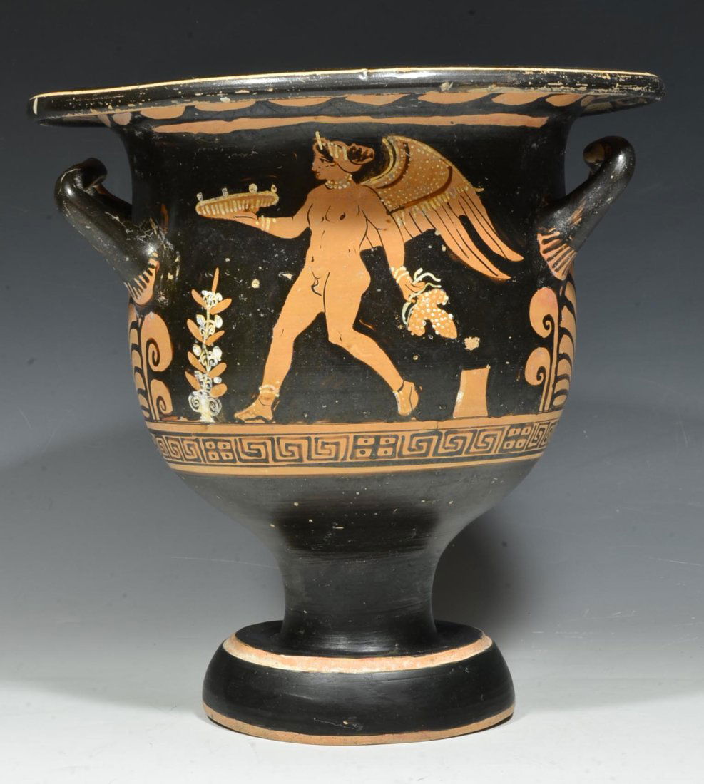 Ancient Greek Apulian Red Figure Bell Krater with Eros: Apulia, Southern Italy 250 BCE. A stunning and vibrant ancient Greek, South Italian Red Figure Bell Krater. The bell krater is of typical form, with a disc foot, short stem, bulbous body, and flaring
