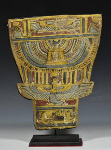 Ancient Egyptian Polychrome Painted Cartonnage Panel with Isis: Late Period: Saite period, Ca. 663-525 BCE, 26th Dynasty. Polychrome pectoral cartonnage, stucco and paint over linen. Painted in four registers: 1. winged scarab flanked by Hieracocephales; 2. Large