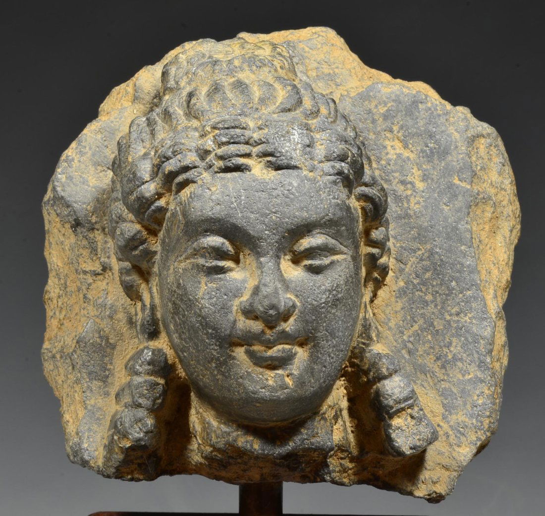 Gandharan Gray Schist Stone Carved Head of a Woman (1 of 5)