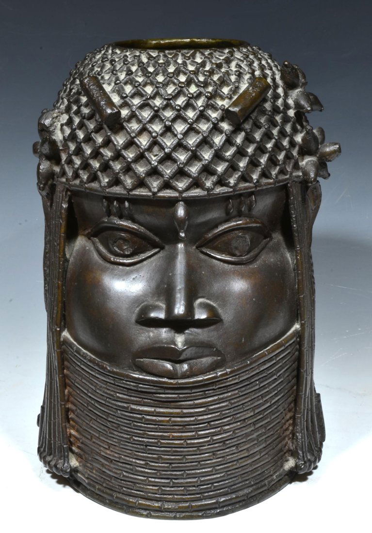 Nice Repro Benin bronze bust of an Oba King from the Nelson Rockefeller Collection, signed NR 1978 (1 of 7)