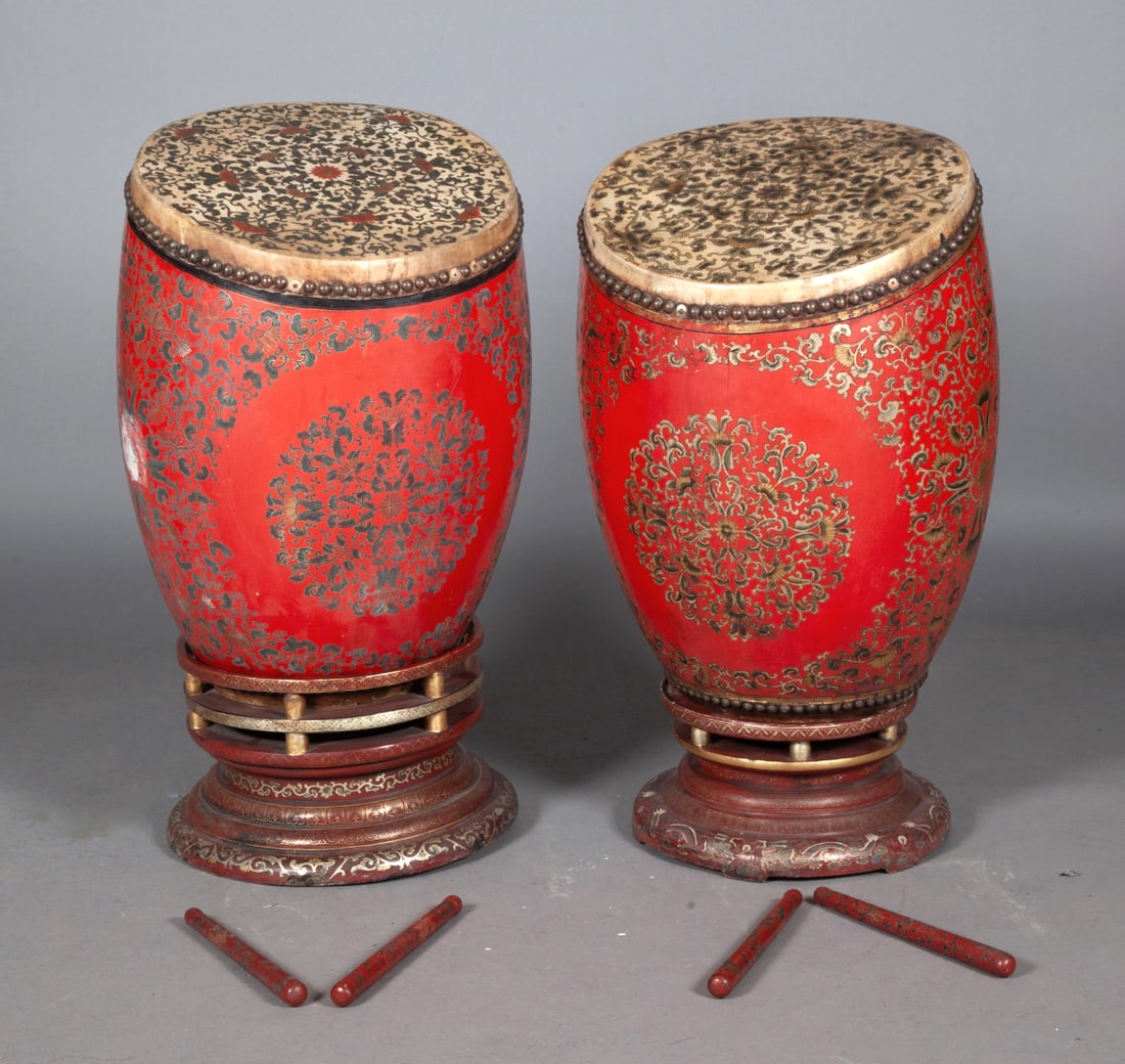 Large Ornate Pair of Chinese Wood Skin, Brass and Lacquered Drums (1 of 4)