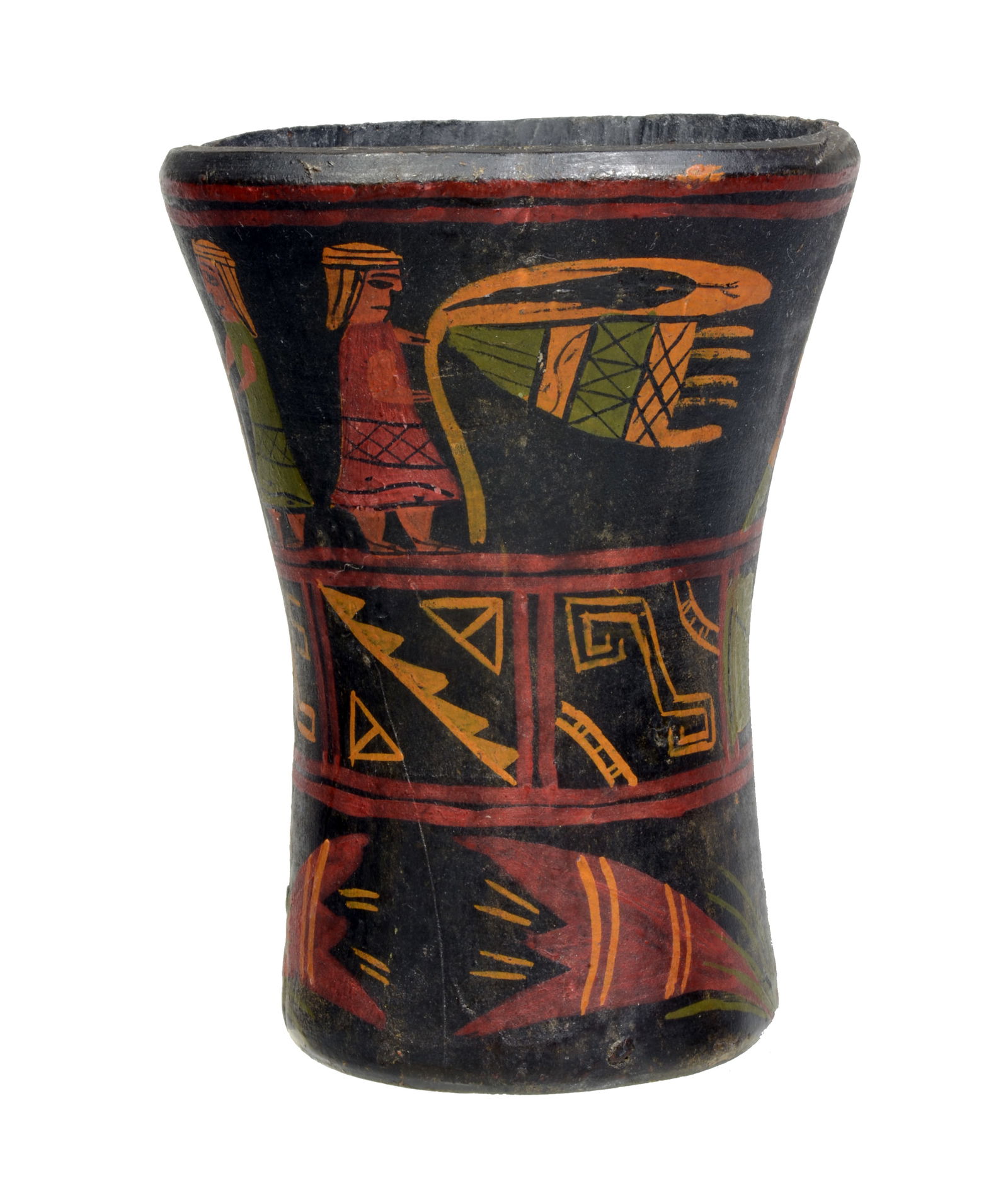 Inca Style Wood Carved and Painted Kero: 20th cent A deep conical wood ritual vessel adorned with painted panels of alternating geometric motifs, vignettes of a hunter and a central scene which is a tribute to a Chief. Size 6 in. high. Ex Fl