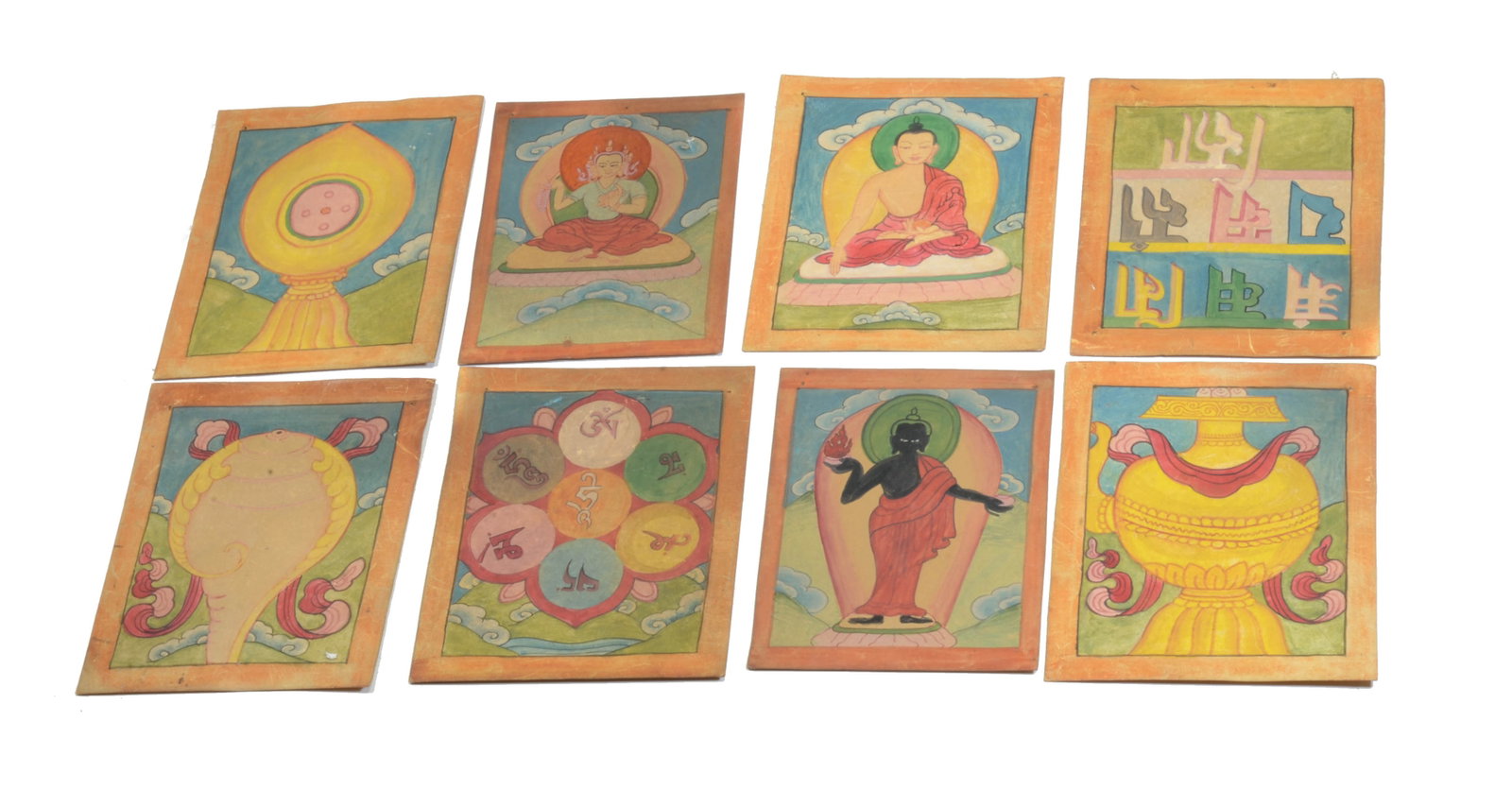 Nepalese or Tibetan Polychrome Painted Tsakli Buddhist Ritual Cards: 20th century. Tsakli (also “tsakalis”) are Tibetan Buddhist miniature paintings, normally produced as thematic groups or sets, which are used in rituals for devotion and initiation. size 4 x 6