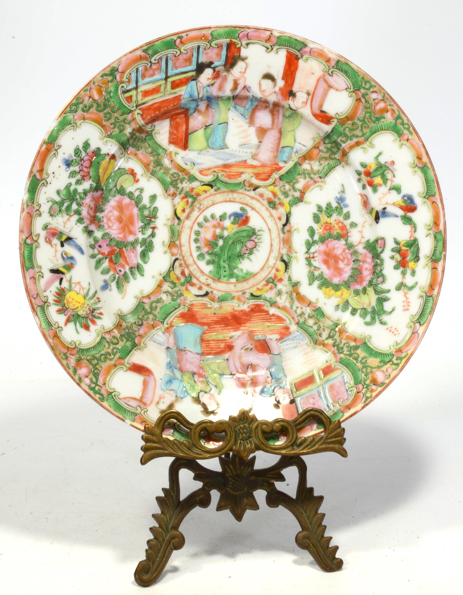 Chinese rose medallion plate: Chinese rose medallion plate, China, 19th Century, Rose Medallion plate, shallow dish, very thin porcelain, finely painted quarters divided by a green floral border, scenes depicting robed figures tog