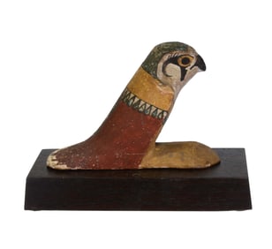 Egyptian Polychrome Wood Seated Falcon