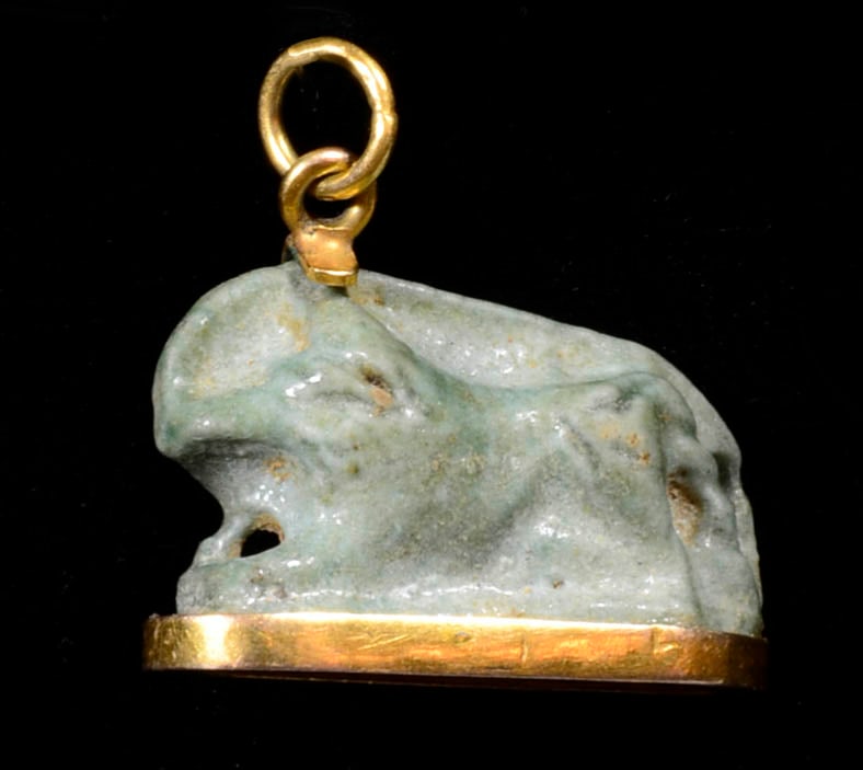 Egyptian Green Faience Anubis Plaque in Modern Gold Mount (1 of 5)