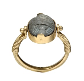 Egyptian Faience Scarab 14K Gold Swivel Ring