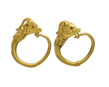 Greek Gold Antelope Headed Termini Twisted Wire Earrings