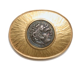 Ancient Alexander Silver Coin in Gold Brooch