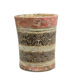 Mayan Incised Stucco Pottery Cylinder Vessel