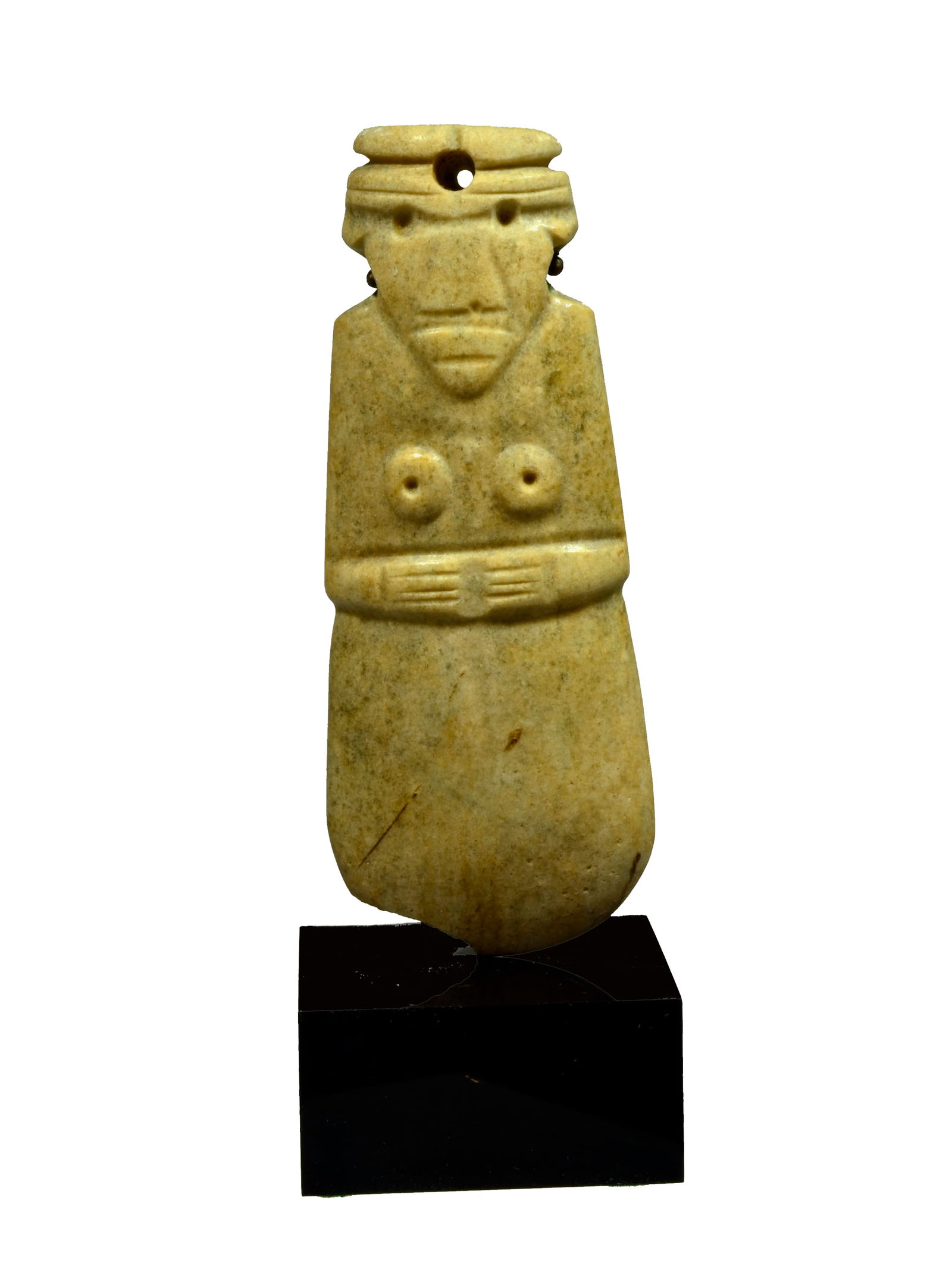 Costa Rican Jade Stone Axe God: Costa Rican Jade Stone Axe God. Guanacaste/Nicoya region, Ca. 1 to 500 AD, Beautiful yellowish green stone, finely carved with a blade end opposite a human headed figure with donut shaped breasts with