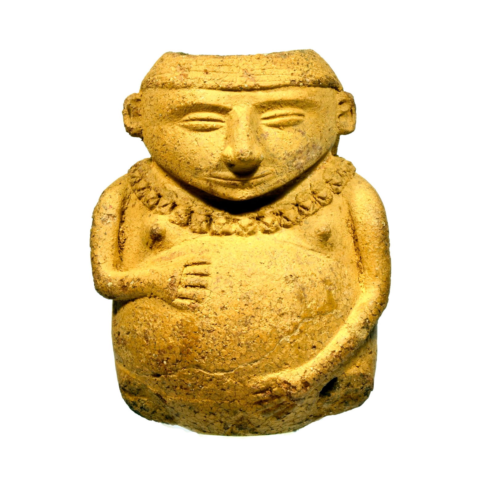 Sinu Pottery Pregnant Female Urn: Sinu Pottery Pregnant Female Urn from Colombia SA Ca. 300-500 AD, Expressive hollow pottery figural vessel in the form of a seated female with elaborate necklace, long hair down her back and and hands