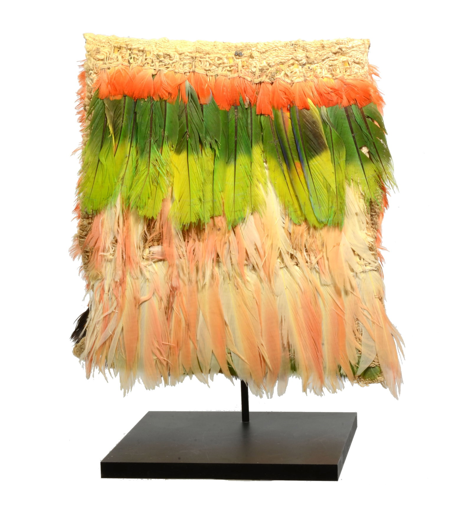 Nazca Feather Ponchito: Nazca Feather Ponchito. Ca. 400 to 600 AD, Multicolor feathers with orange and brown on one side and green and white on the rev. Knotted to a plain gauze backing. Size 9-1/2 in x 21 in L. as unfolded.