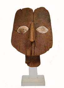Chancay Wood Mummy Mask with Inlaid Shell Eyes