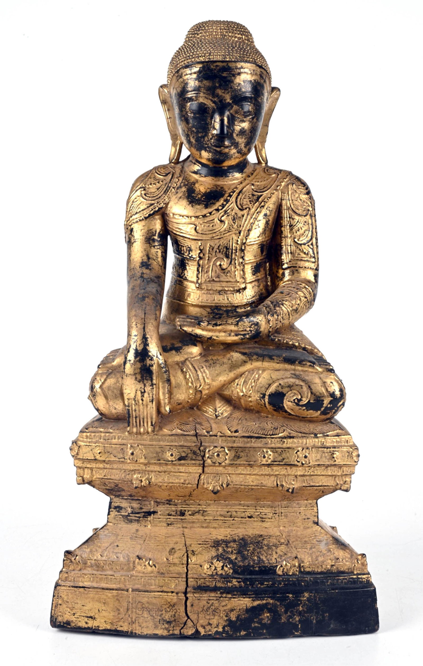 Burmese Gilt Wood Seated Buddha: Burmese Gilt Wood Seated Buddha. Myanmar, circa 19th Century AD , Seated on double tiered base in meditative lotus position with hands in the calling the earth to witness posture and head with stipple