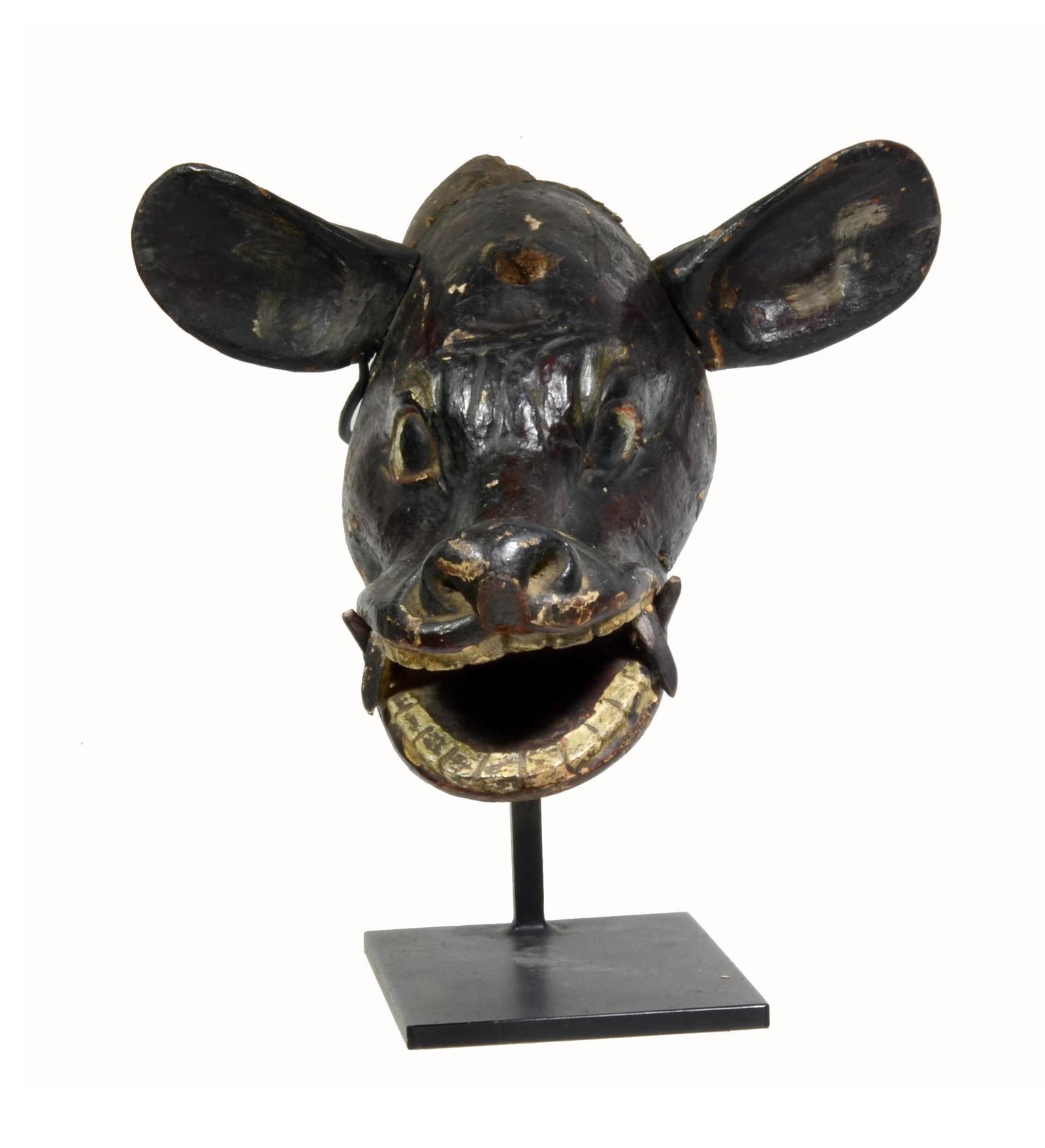 India or Shri Lanka Wood Animal Head Protome: India or Shri Lanka Wood Animal Head Protome. , Carved with naturalistic facial features, open aggressive fanged mouth, slender snout, perked ears at sides and tenon behind to inset into body. Overall