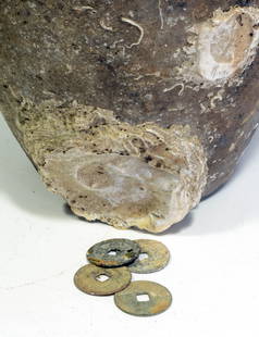 Sea Salvaged Philippine Pottery Ship wreck Jar with Coin Hoard: Philippine Pottery Jar with Coin Hoard. , Round bodied wheel thrown pottery vessel with shouldered neck and flared rim. Three small loop handles atop shoulder. Vessel is filled with encrusted coinage