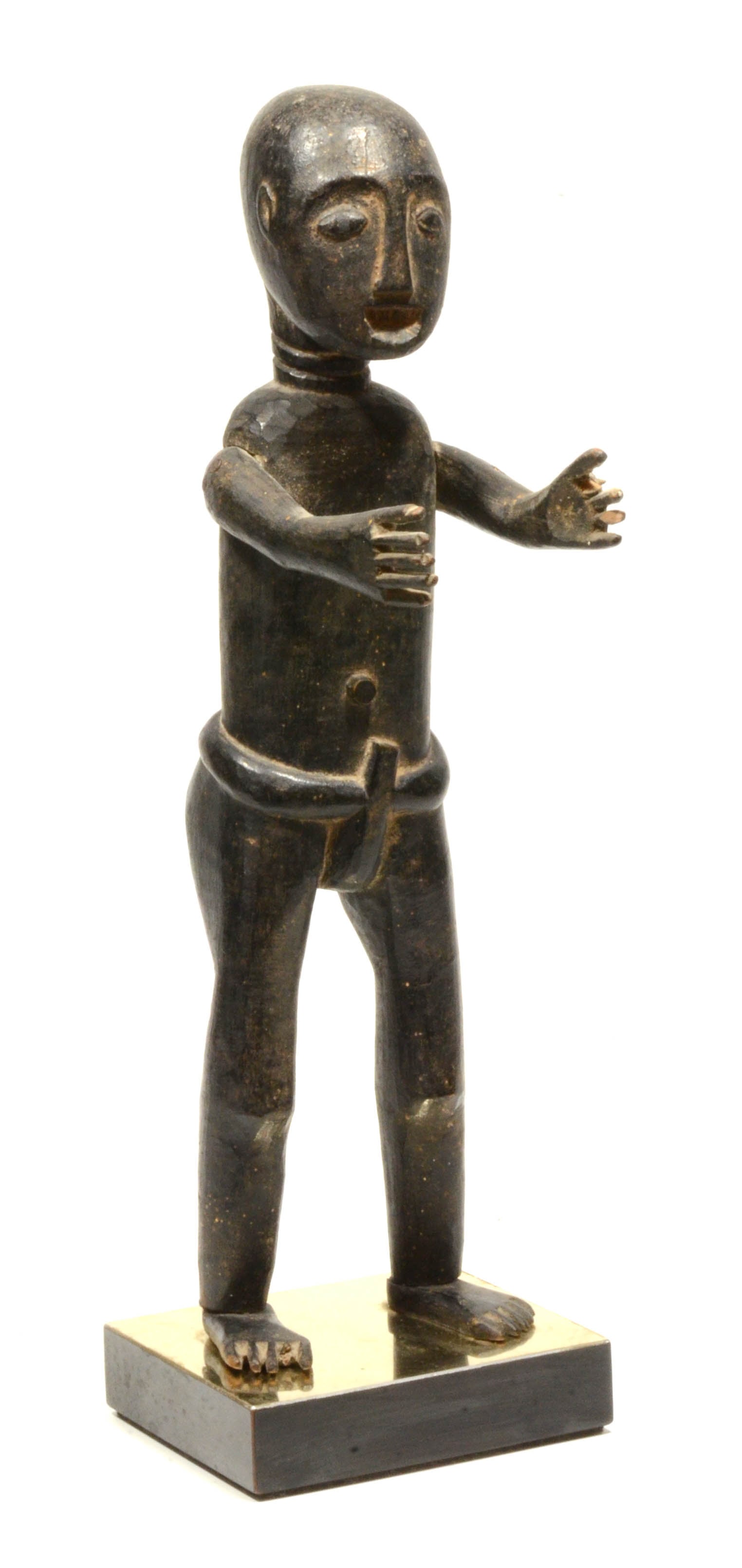 African Akan wood carved Standing figure: African Akan wood carved Standing figure. Ghana/ Ivory Coast, Well carved with naturalistic body features and separately made pegged in arms held out extended. Good nut brown patina. Size 14 inches H.