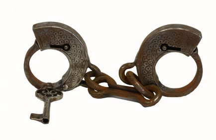Antique or novelty style pair of iron or steel handcuff