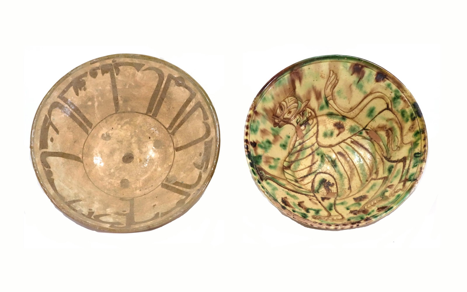 Pair Islamic Style Inscribed Pottery Bowls (2): Pair Islamic Style Inscribed Pottery Bowls (2). 20th cent, Both are rounded sides rising into straight side walls; the first of Nishapur style with band of kufic inscription in black ink; the other mo