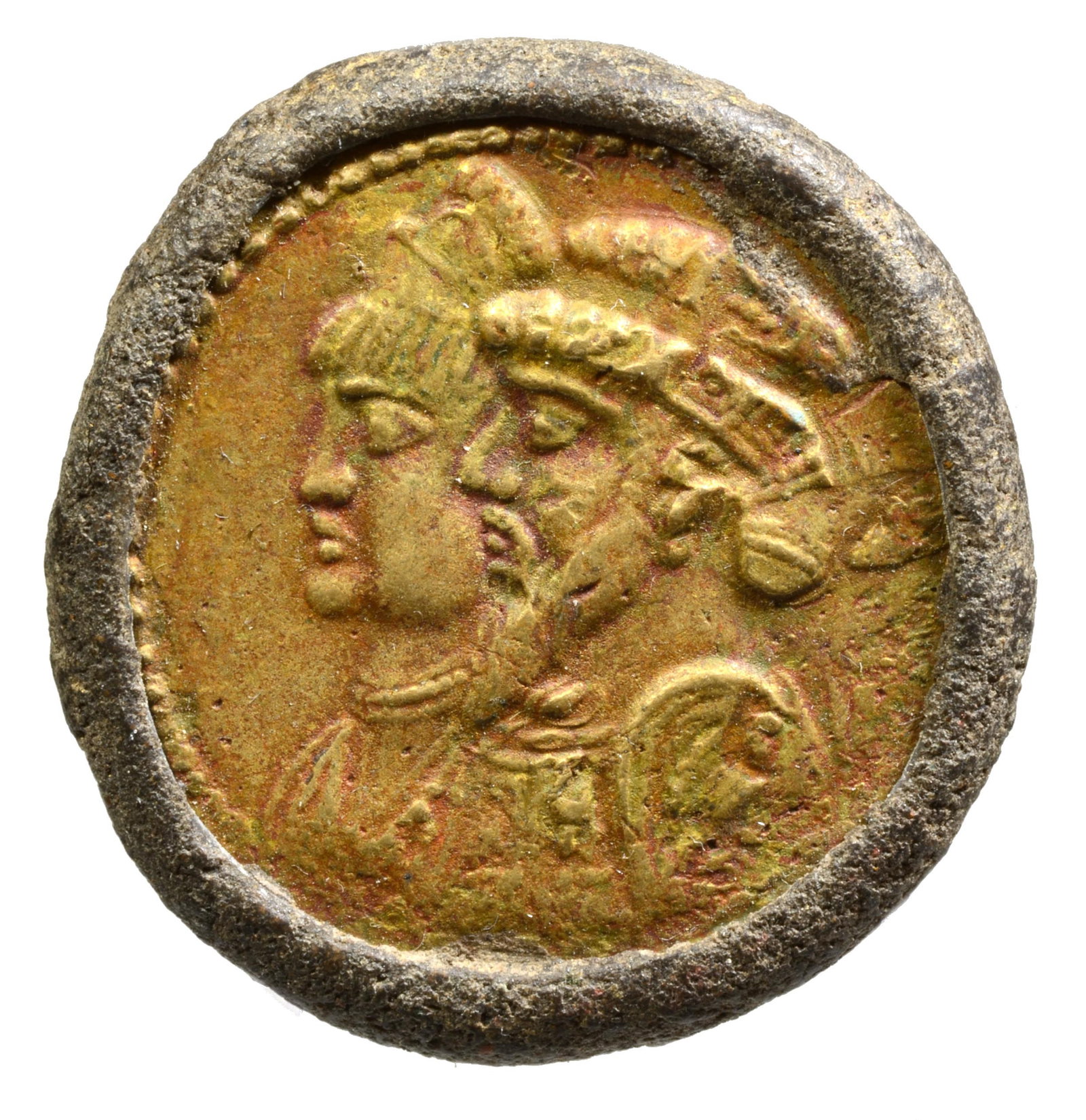 Persian STYLE Silver Coin set in Bronze Ring : Kamnaskires III & Queen Anzaze: Persian STYLE Silver Coin set in Bronze Ring : Kamnaskires III & Queen Anzaze. , Disc bezel engraved with draped busts left of king and queen. Portraits of Kamnaskires III, bearded and wearing a crown