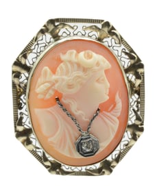Antique Victorian Cameo Brooch wearing diamond necklace