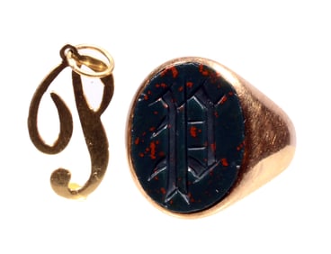 14k antique gold pinky signet ring with inscribed intaglio, "P" and 14K gold "P" charm