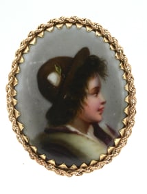 Antique Victorian porcelain portrait brooch/amulet in heavy solid 14K gold setting