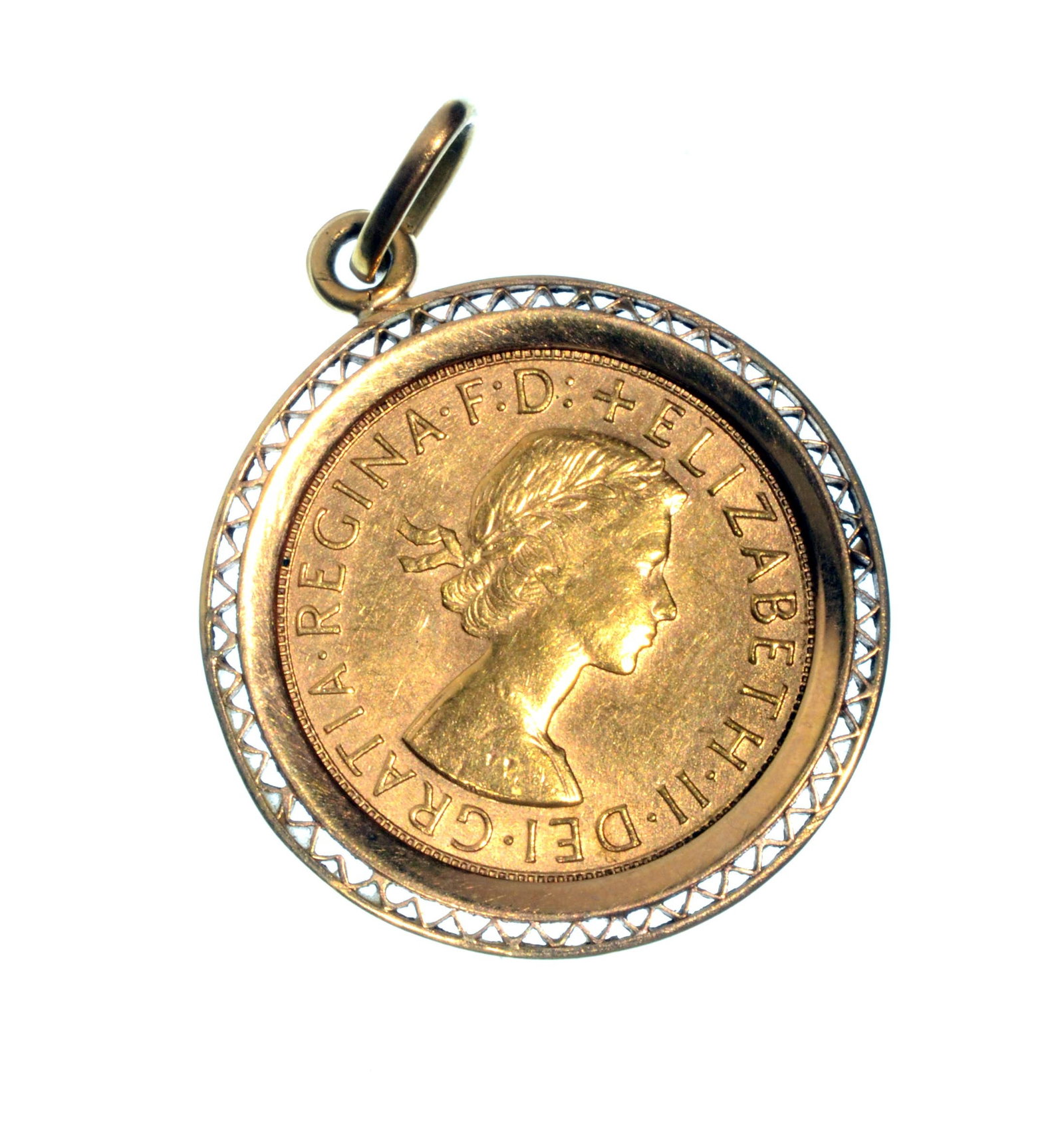 1966 Elizabeth II sovereign mounted in gold: Estate jewelry, Elizabeth the II sovereign in 14K gold mount, suitable for wearing (22k sovereign weight: 7.98g, 14k mount weight: 2.69g) Total weight including mount: 10.67grams