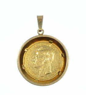 1897 German Empire gold coin mounted in 18k gold: Estate jewelry, 20 Mark 1897 A "Hesse" German Empire sold gold coin in beautiful 18K gold mount, suitable for wearing (22k coin weight: 7.97g, 18k mount weight: 5.46g) Total weight including mount: 13