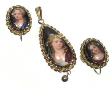 Antique Victorian 14K gold portrait clip on earrings and amulet set (3)