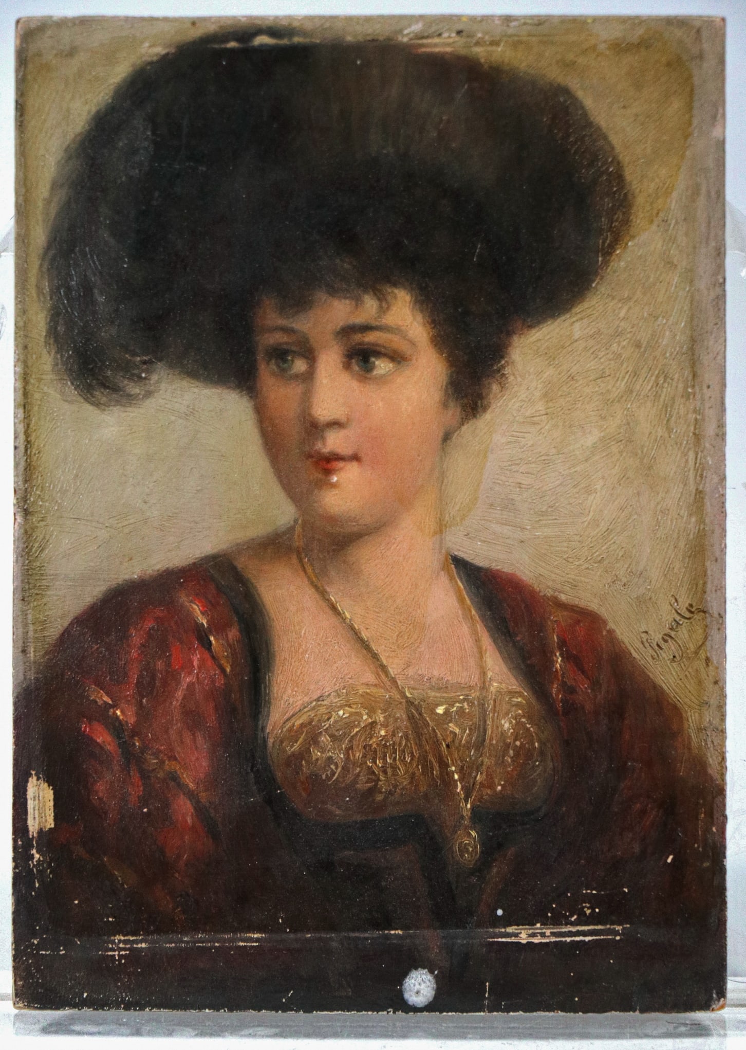 Female Portrait Painting on Board: This painting is a portrait of a woman, focusing on her upper torso and attire. The subject is dressed in an elegant outfit featuring a richly textured, deep red garment with gold embroidery on the bo