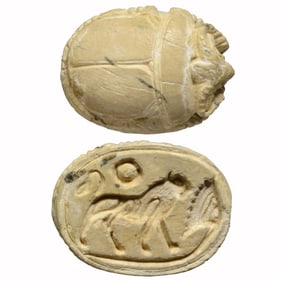 Rare Egyptian Tan Steatite Scarab with Ram Head