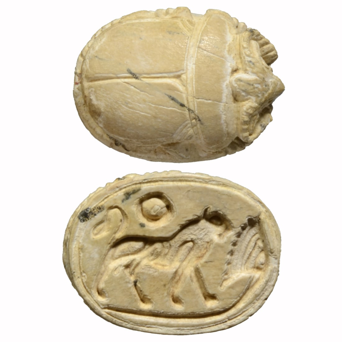 Rare Egyptian Tan Steatite Scarab with Ram Head: Second Intermediate Period ca. 1640 to 1500 B.C. Naturalistic carved tan glazed steatite beetle body with ram head; triangular shape face and curled horns. The signs on the flat side base are an open
