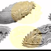 Rare Egyptian Tan Steatite Scarab with Ram Head: Second Intermediate Period ca. 1640 to 1500 B.C. Naturalistic carved tan glazed steatite beetle body with ram head; triangular shape face and curled horns. The signs on the flat side base are an open