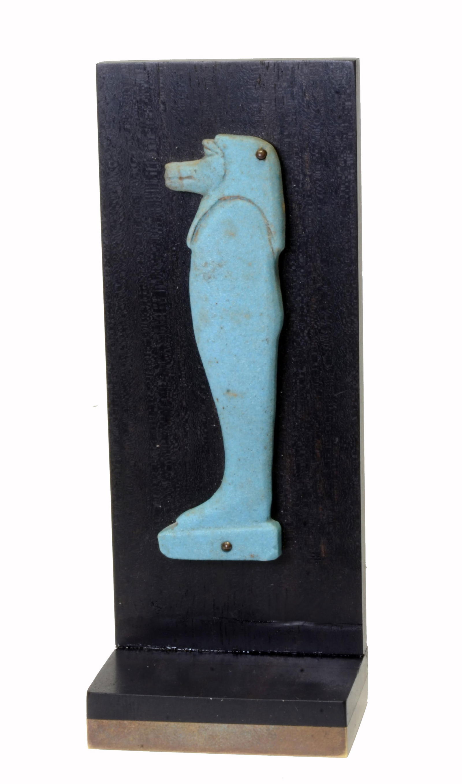 Egyptian Blue Faience Son of Horus Duamutef Plaque Ex Joukiwsky Coll: Late Period, Ca. 715 to 500 BC. A blue faience glaze depiction of a standing baboon headed Son of Horus; mummiform depicted in profile. The four sons are Imsety, Hapy, Duamutef, and Qebehsenuef. When