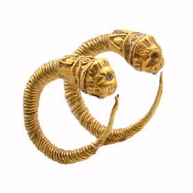 Greek Gold Lion Headed Termini Twisted Wire Earrings