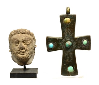 Byzantine Bronze Cross and Greek Terracotta Head (2)