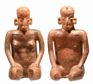 Colima Redware Male & Female Seated Couple  (2) Pre-Columbian
