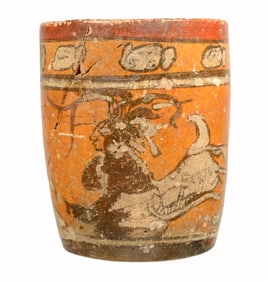 Pre Columbian Mayan Polychrome Pottery Cylinder Vessel