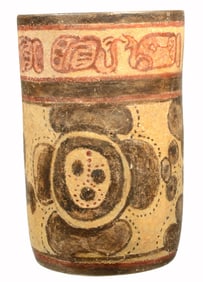 Pre Columbian Mayan Codex Style Pottery Cylinder Vessel