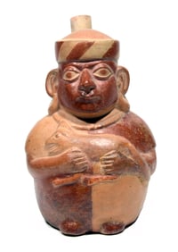 Pre-Columbian Moche Polychrome Pottery Figural Stirrup Vessel