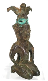 Cast Bronze Kneeling Figure with Bird Headdress, in the Style of the Sanxingdui Culture